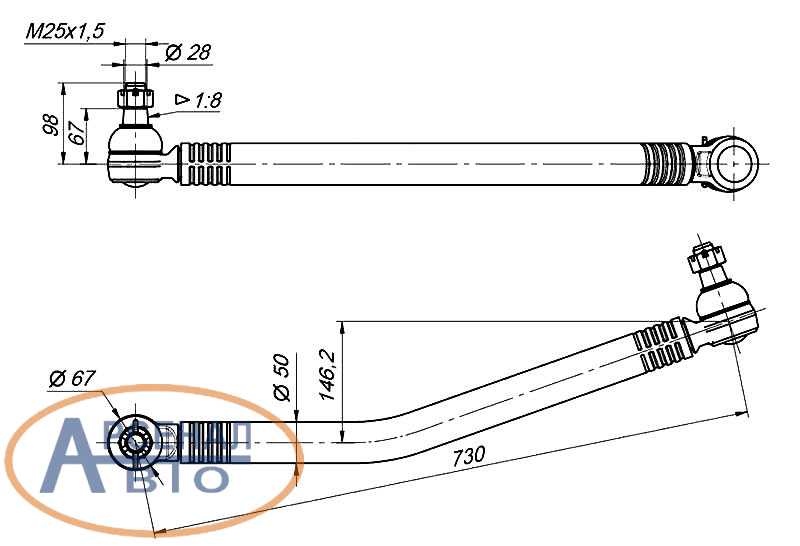 Схема и размеры тяги рулевой КамАЗ Евро продольной сошки
